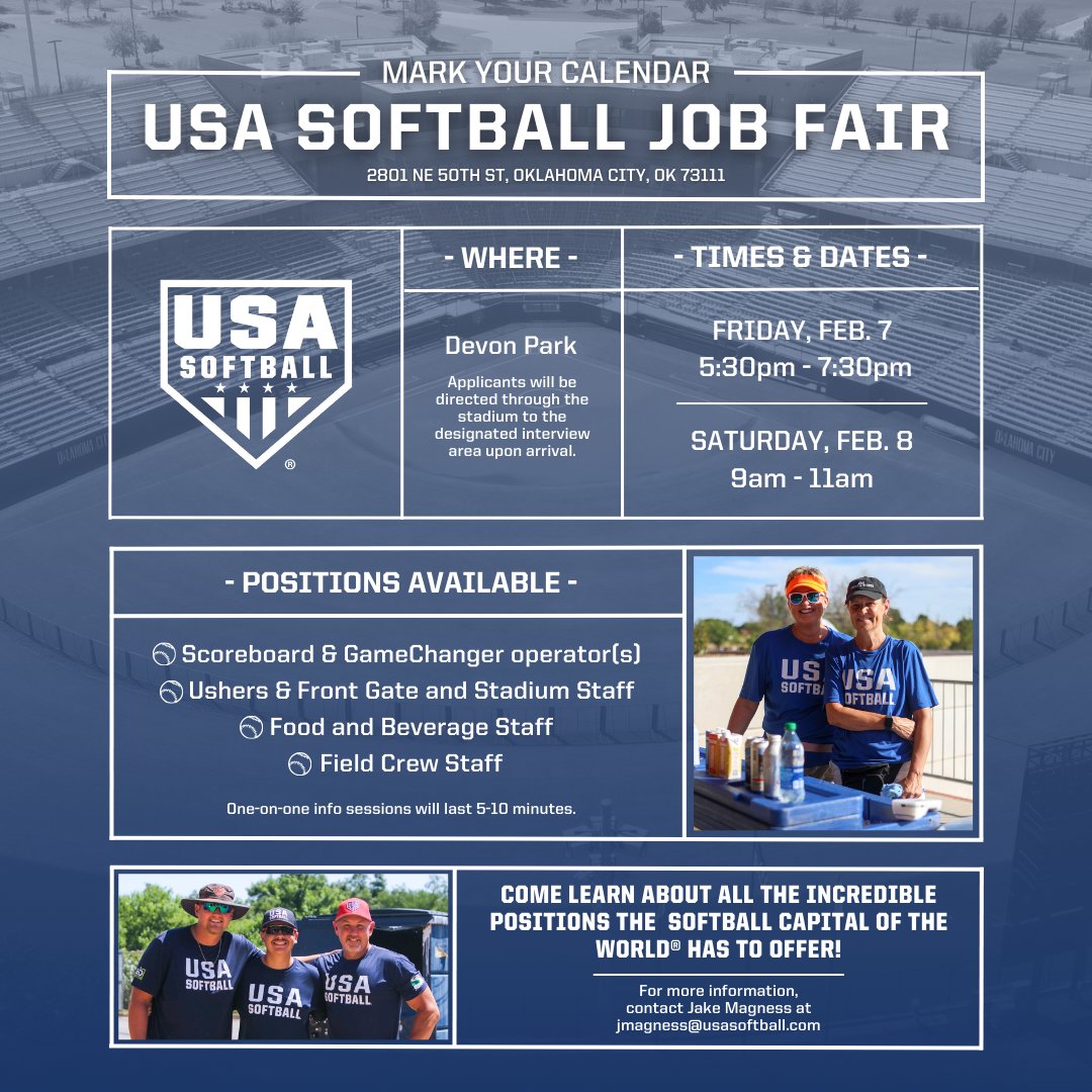 📣 Looking for a job in the heart of the softball world? Join us at the USA Softball Job Fair at Devon Park! 🥎

🗓️ Friday, Feb. 7 | 5:30 PM - 7:30 PM
🗓️ Saturday, Feb. 8 | 9:00 AM - 11:00 AM