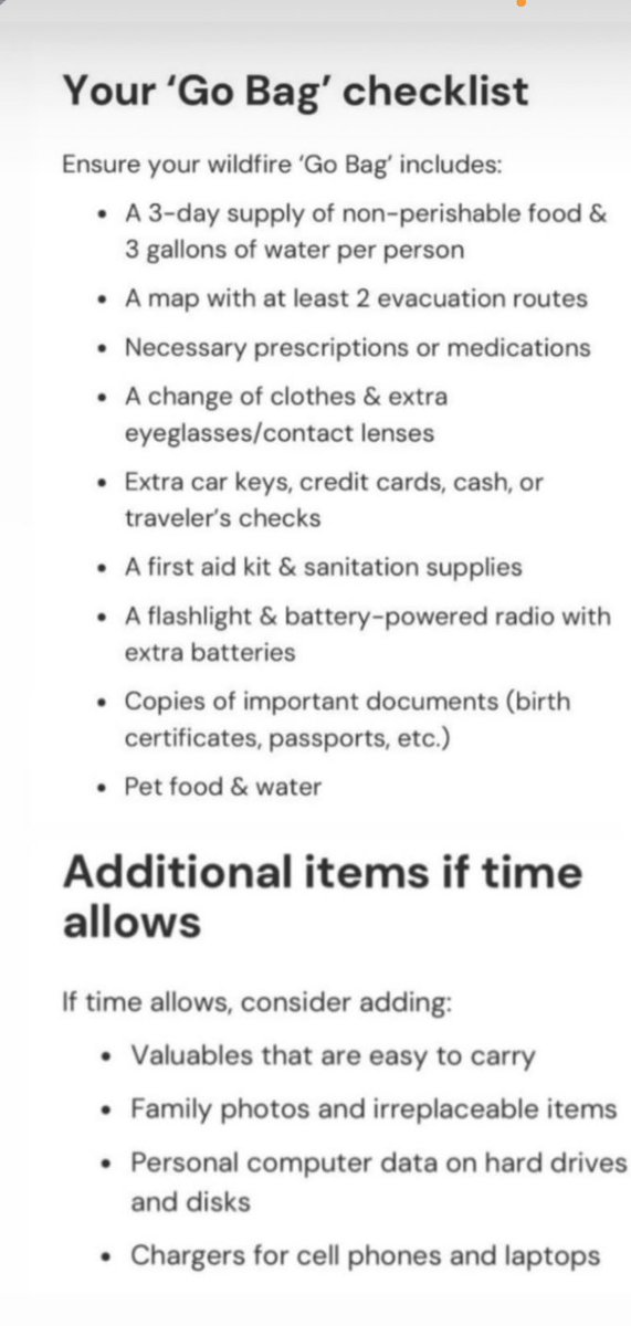 If you are in the vicinity of the terrible fires in California rn, my friend sent me this to-go bag list. Stay safe everyone &lt;3