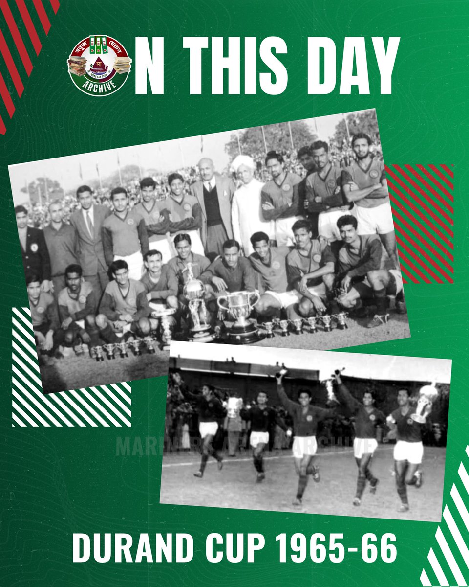 MA_Archive's tweet image. On this day in 1966, Mohun Bagan won the Durand Cup, beating Punjab Police 2–0 in the final and thereby became the first club ever to win the tournament three times in a row.
Dipu Das and Chuni Goswami scored the goals for Mohun Bagan.

(1/5)

#otd #Onthisday #joymohunbagan