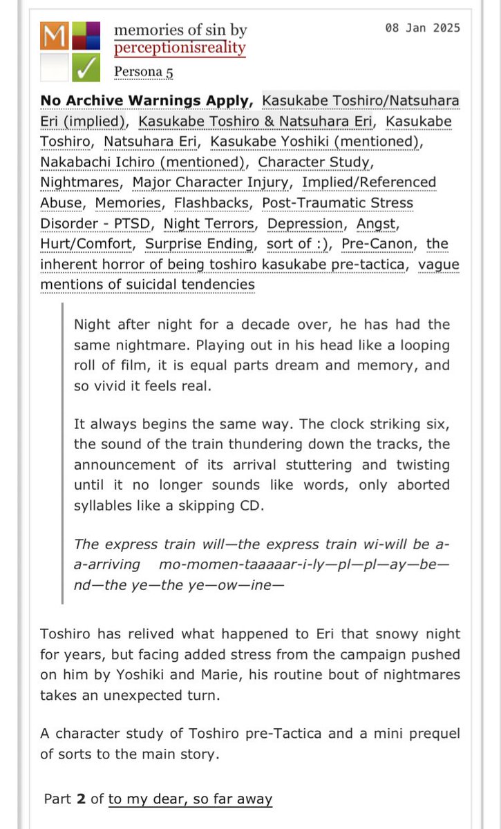 swordsfaire's tweet image. “memories of sin”

M | implied toshiro kasukabe/eri natsuhara, romantic &amp;amp; platonic | 1.7k 

toshiro’s routine nightmares about that tragic, snowy night take an unexpected turn. (character study/tactica mini prequel)

archiveofourown.org/works/62079238

#p5t #persona5tactica #p5tspoilers