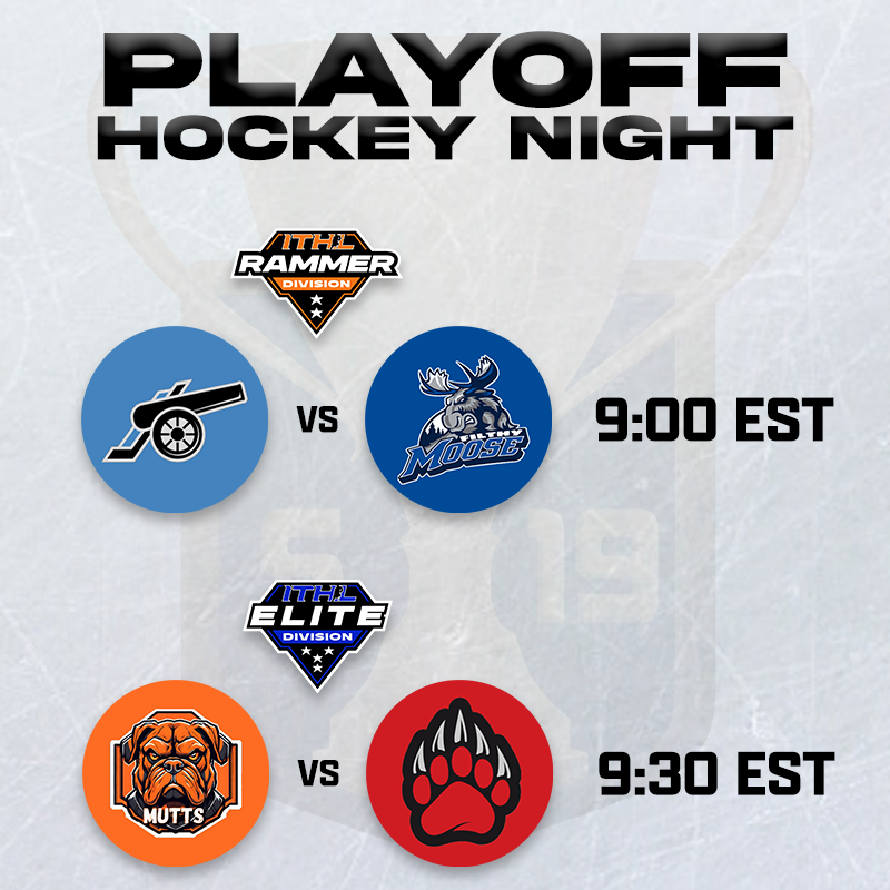 IceTiltHL's tweet image. Playoff Hockey Night! 🏆

📺 twitch.tv/icetilthl
🎙️ @ttvfrymanjr !

🟠Rammer Division
🎯 @BlueLineITHL vs @FilthyMooseHc 🫎
BLS lead BO5 2-1.

🔵Elite Division
🐶 @EASHL_Mutts vs Unhinged Hounds 🐶
Series 0-0.