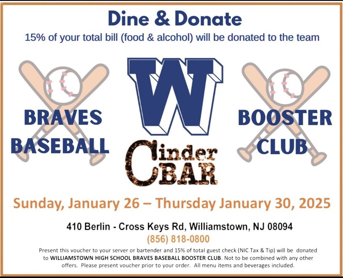 WHS Braves Baseball Alumni (@alumnibraves) on Twitter photo WHS Braves Baseball Booster Club Fundraiser! Dine & Donate at Cinder Bar (Williamstown) January 26, 2025-January 30,2025. **Please present this voucher prior to ordering. Thank You For Your Support! ⚾️💙⚾️
<a href="/WtownHSBaseball/">Williamstown Braves Baseball</a> WHS Braves Baseball Booster Club Fundraiser! Dine & Donate at Cinder Bar (Williamstown) January 26, 2025-January 30,2025. **Please present this voucher prior to ordering. Thank You For Your Support! ⚾️💙⚾️
<a href="/WtownHSBaseball/">Williamstown Braves Baseball</a>