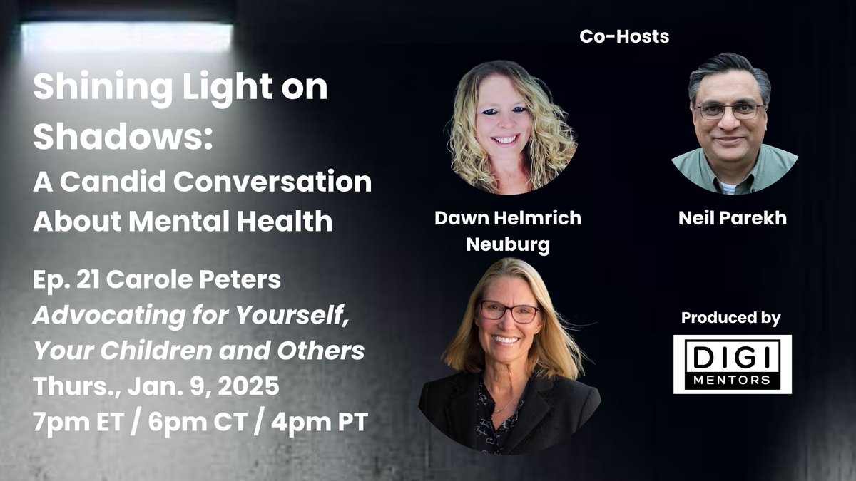 1/x Live (Thurs., Jan. 9 at 7pm ET / 6pm CT) or later. 

Our first #ShiningLightonShadows episode of 2025 (Ep. 21) features Carole Peters. My co-host: <a href="/dawner100/">Dawn Helmrich</a>.  All of us have experienced trauma, inspiring a lifetime of advocacy. 

Links/Details 
🔗 neilparekh.org/post/ep-21-car…
