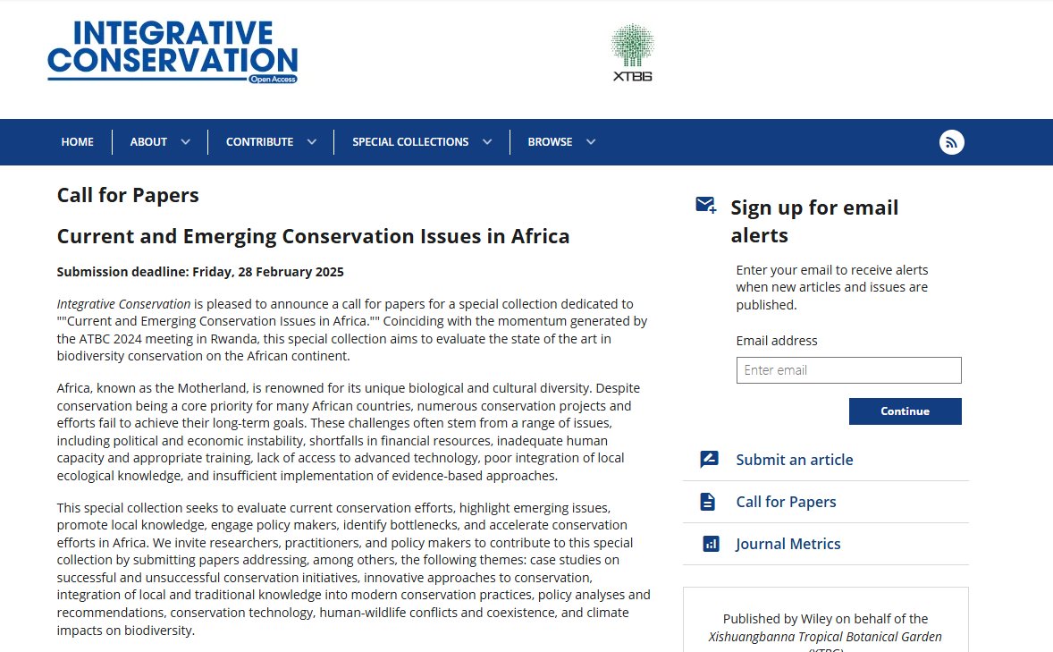 IntCon's tweet image. 🚨 Submission deadline extended! 🚨
Our special collection, Current and Emerging Conservation Issues in Africa, include #conservation case studies, policy, guested by @GouvideDossa @RhettDHarrison @PeterAlele, now accepts papers until 28 Feb.
Learn more: onlinelibrary.wiley.com/page/journal/2…