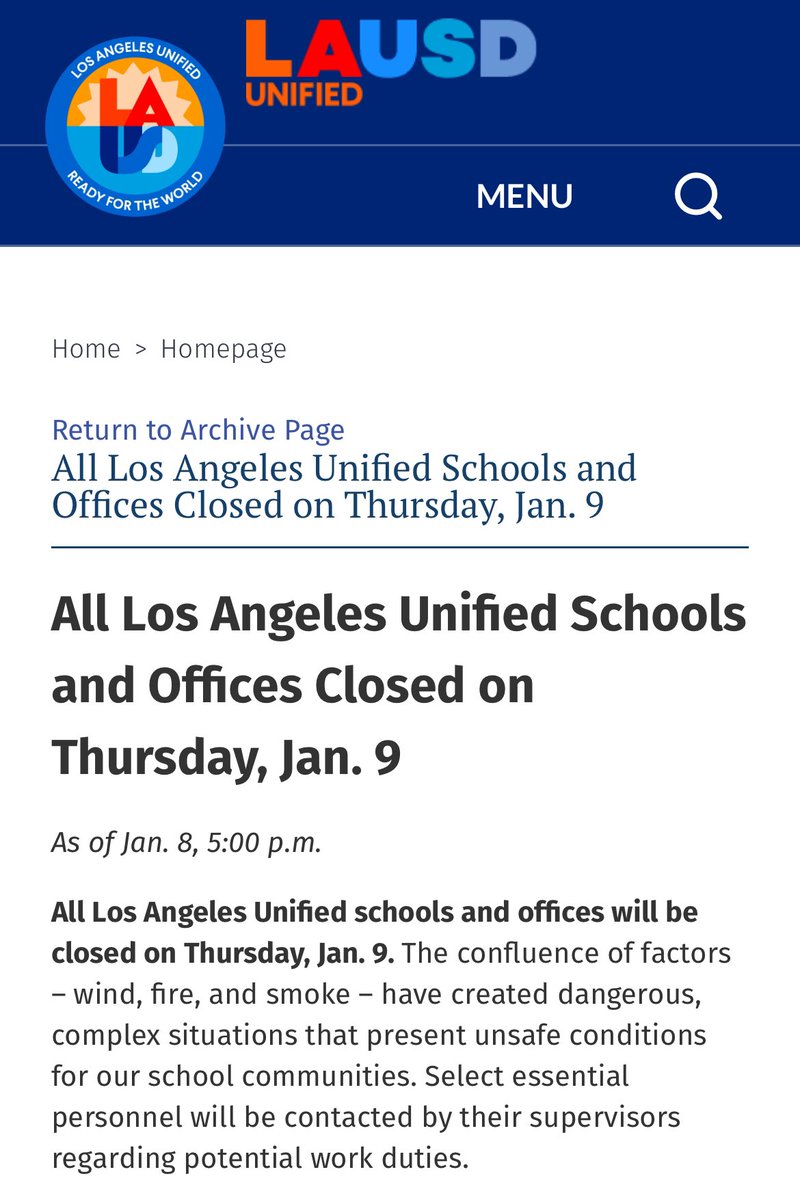 LAUSD has cancelled classes tomorrow January 9th.
