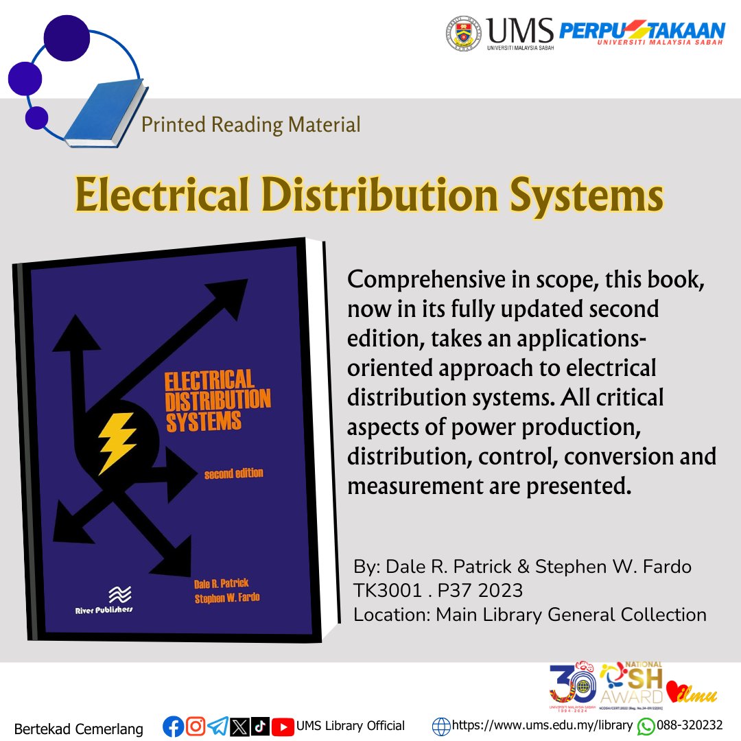 Lib_UMS's tweet image. Read More📖
Electrical Distribution Systems

Interested in borrowing this book?📚
Visit the UMS Main Library, Kota Kinabalu

OR
Submit your request online: bit.ly/BookLoanServic…

Happy Exploring!😉
#GeneralCollection
#PrintedReadingMaterial
#IncreasingKnowledge
#UMSLibrary