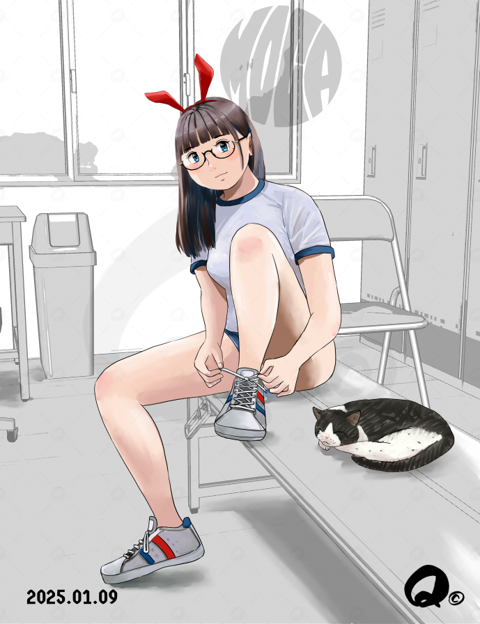 ベンチで靴紐結ぶモカちゃん👟 