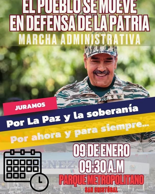 #Mañana #09Ene a las 9:30 a.m en el parque metropolitano de #SanCristobal Toda #Táchira se mueve en defensa de la patria 
#PorLaPazYLaSoberania
#PorAhoraYParaSiempre 
#YoJuroConMaduro ✊🏻🇻🇪
¡Vamos todos!
#AmemosAlTáchira💛🖤❤️