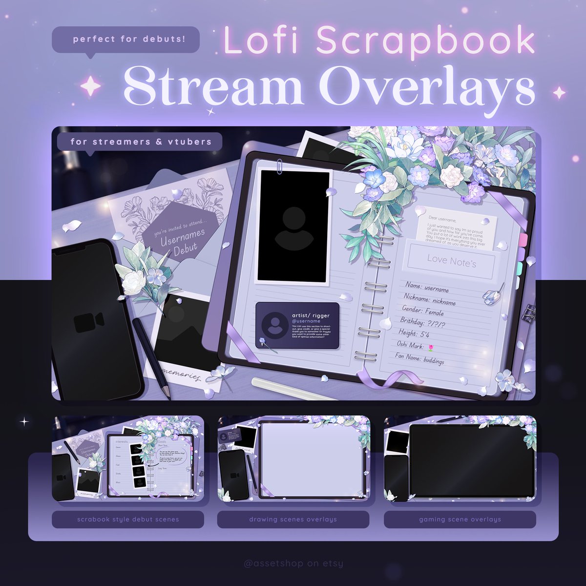 AssetShop_'s tweet image. ‧‧‧📖𝗟𝗼𝗳𝗶 𝗦𝗰𝗿𝗮𝗽𝗯𝗼𝗼𝗸 𝗦𝘁𝗿𝗲𝗮𝗺 𝗢𝘃𝗲𝗿𝗹𝗮𝘆𝘀 ‧‧‧ 
┊✎ For Twitch Streamers &amp;amp; Vtubers!
┊✎ Perfect for Vtuber Debuts✨
┊✎ Gaming Scenes &amp;amp; Drawing Pages
┊✎ Customizable in Canva + .PSD

 + 🎁𝐆𝐢𝐯𝐞𝐚𝐰𝐚𝐲 
┊⤷ 𝐓𝐨 𝐄𝐧𝐭𝐞𝐫: Follow, 💜, and ⟲…