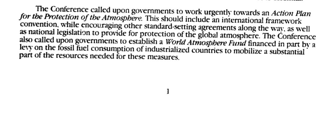 Ninawth's tweet image. Reading summary of 1988 Toronto Conf. on "The Changing Atmosphere". 300 scientists, states, UN & NGOs attended.
Called for a "levy on fossil fuel consumption of industrialized countries" to protect the atmosphere. Fascinating & pity didn't happen! @mmanulak @thomasnhale