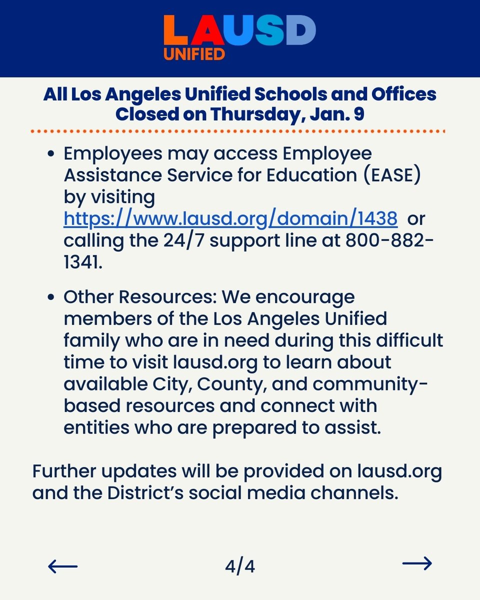 All Los Angeles Unified Schools and Offices Closed on Thursday, Jan. 9