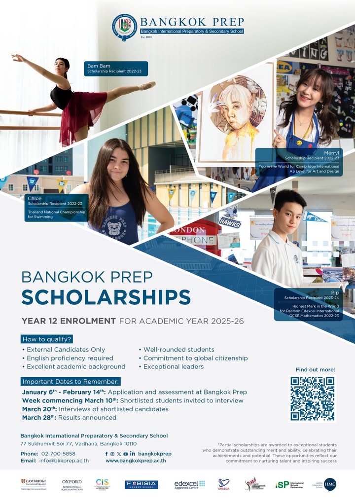 Applications are open for our 2025-26 scholarship programme for Year 12 entry in August 2025!  Open to students of all nationalities excelling in academics, sports, &amp; the arts. Apply now! 📲👇

bit.ly/3PtSSew

#BangkokPrep #PREParingForLife