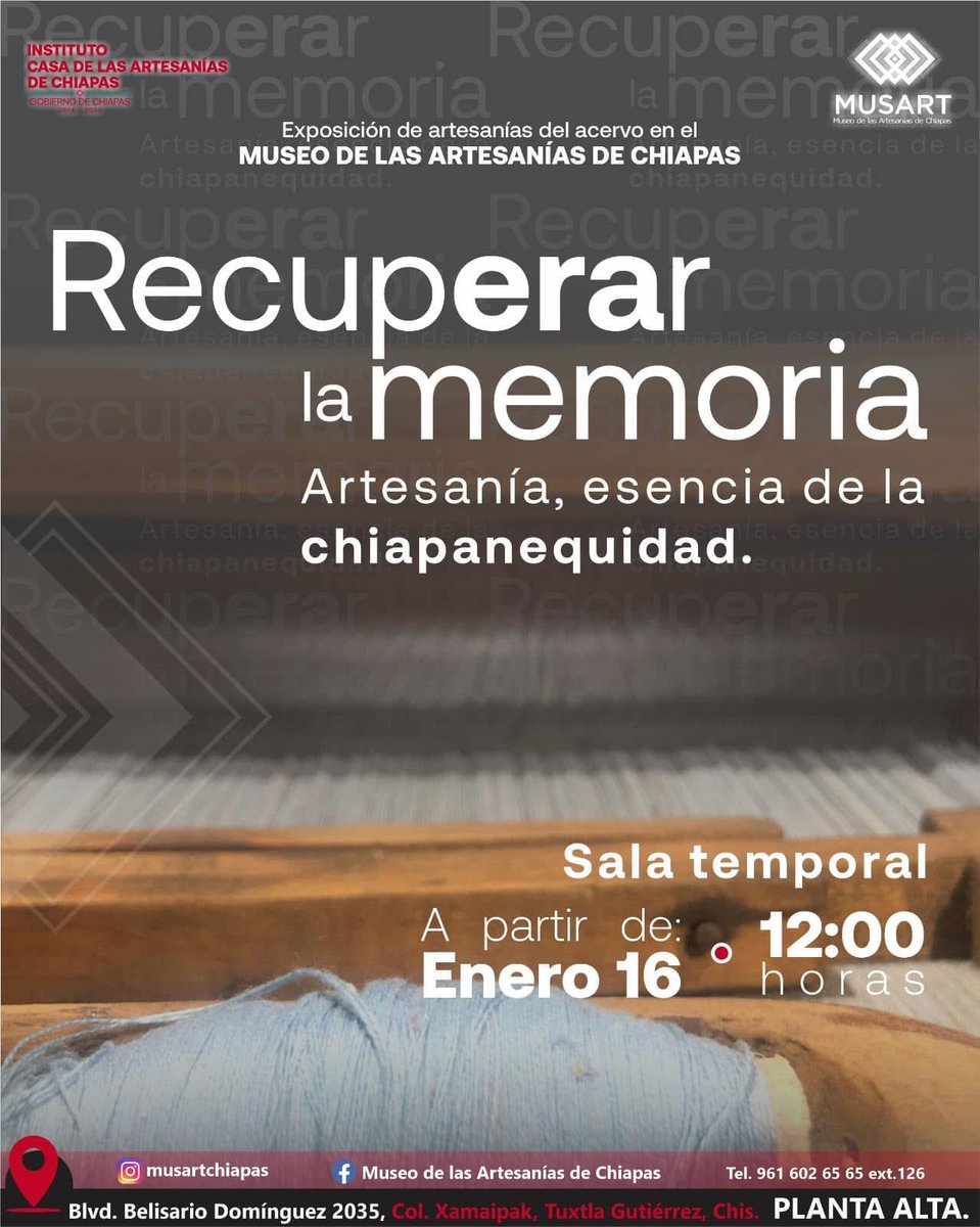 Acompáñanos el 16 de enero a las 12:00 horas. 
Arrancamos el año con nueva exposición. 51 piezas de nuestra colección, elaboradas por artesanos y artesanas chiapanecas con excelencia y maestría. Te invitamos al evento de apertura.
#MUSART
<a href="/isain/">Isaín Mandujano</a> <a href="/Marisol_Urbina/">Marisol Urbina</a>