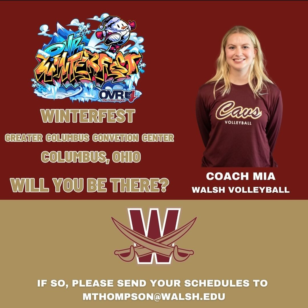 Walsh Volleyball will be at Winterfest in Columbus this Saturday, will you? 

We would love to stop by your court.  Please send your schedule to mthompson@walsh.edu with your team name, jersey number, court number, and match times.

Best of luck competing this weekend. ⚔️