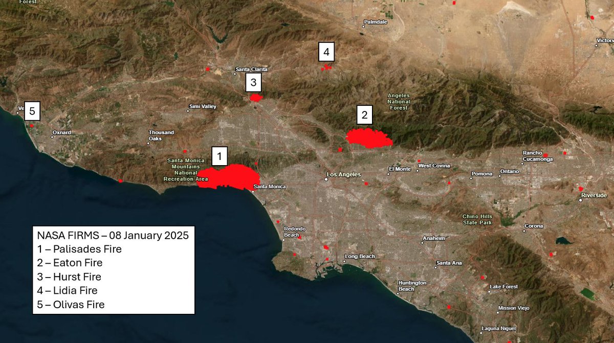 08 January 2025 NASA FIRMS and the locations of the Palisades, Eaton, Hurst, Lidia, and Olivas Fires.

Other Hotspots: Not all hot spots are fires. Water and solar panels can reflect light, and industrial facilities (power plants, metals, cement) produce false heat signatures.