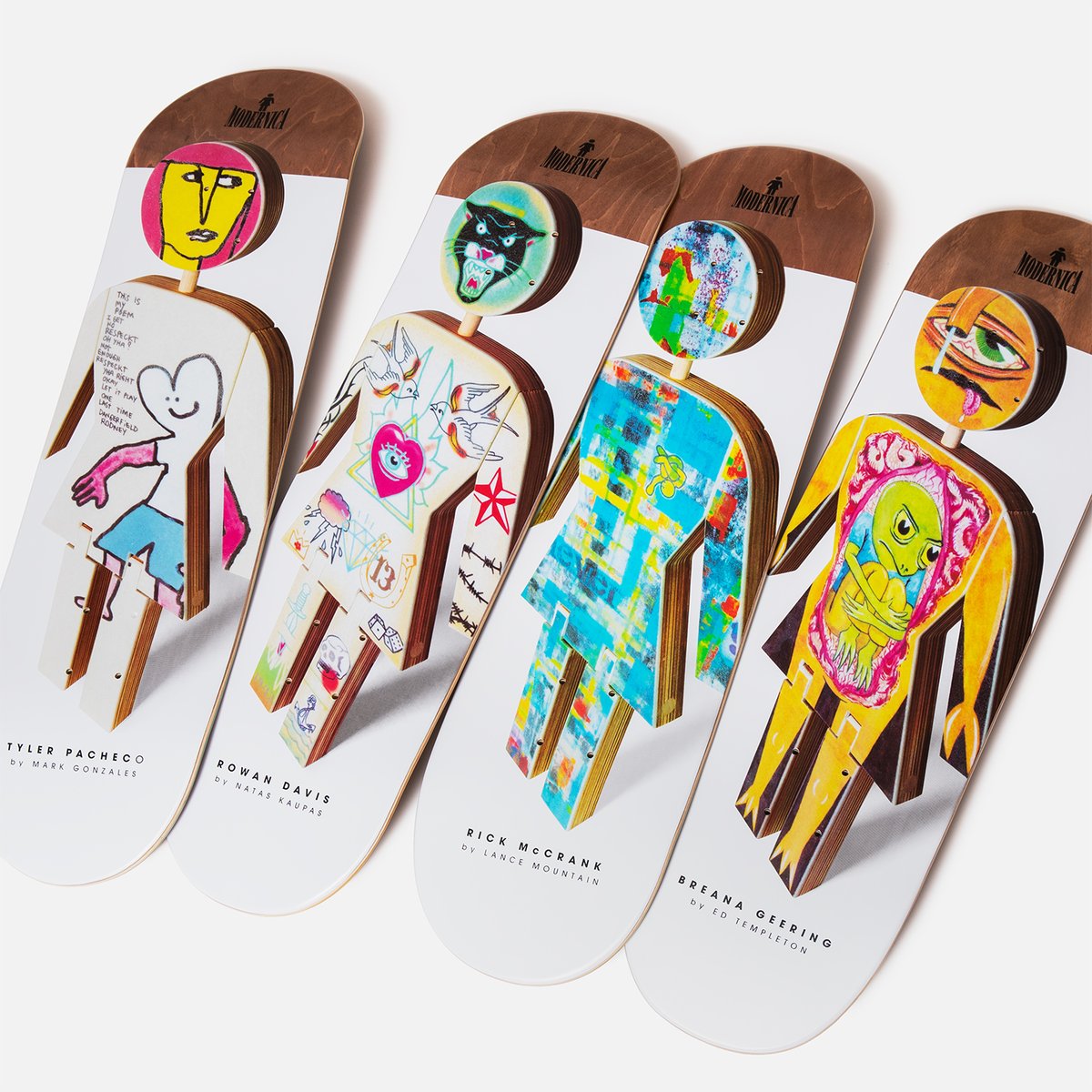 The new Girl X Modernica decks are now available in store and online at Atlas. The decks feature artwork by Ed Templeton, Natas Kaupas, Mark Gonzales and Lance Mountain. bit.ly/3jsRFER
