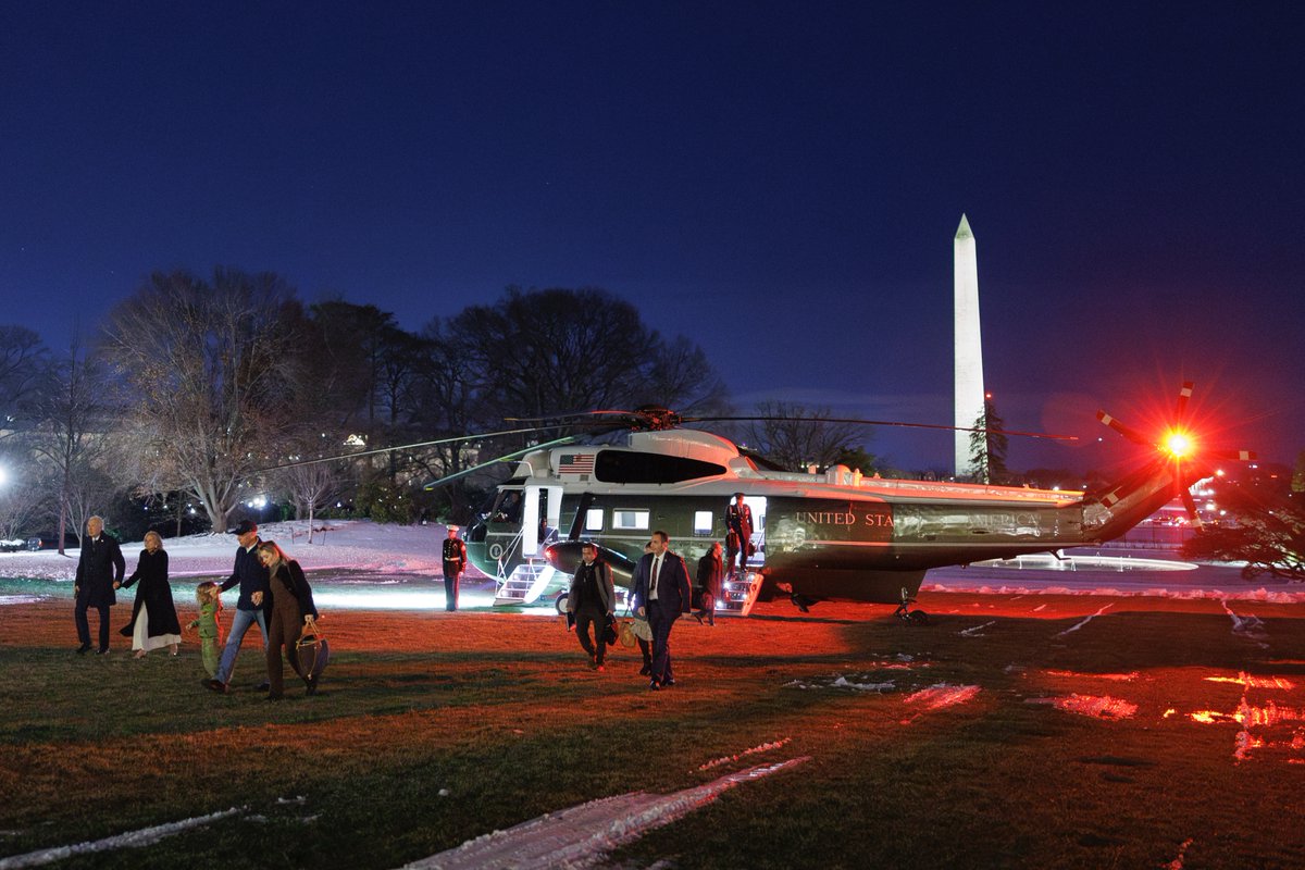 The Biden family exits Marine One on the South lawn of the White House.