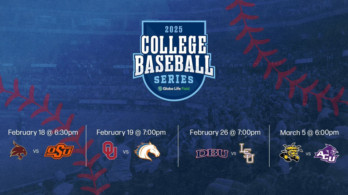 D1Baseball (@d1baseball) on Twitter photo Next month, <a href="/GlobeLifeField/">Globe Life Field</a> starts a premier slate of mid-week games as part of the College Baseball Series:
2/18 - <a href="/TxStateBaseball/">Texas State Baseball</a> vs <a href="/OSUBaseball/">OSU Cowboy Baseball</a>
2/19 - <a href="/OU_Baseball/">Oklahoma Baseball</a> vs <a href="/UTAMavsBSB/">UTA Baseball</a>
2/26 - <a href="/DBU_Baseball/">DBU Baseball</a> vs <a href="/LSUbaseball/">LSU Baseball</a>
3/5 - <a href="/GoShockersBSB/">Wichita State Baseball</a> vs <a href="/ACU_Baseball/">ACU Baseball</a>
Tickets are on Next month, <a href="/GlobeLifeField/">Globe Life Field</a> starts a premier slate of mid-week games as part of the College Baseball Series:
2/18 - <a href="/TxStateBaseball/">Texas State Baseball</a> vs <a href="/OSUBaseball/">OSU Cowboy Baseball</a>
2/19 - <a href="/OU_Baseball/">Oklahoma Baseball</a> vs <a href="/UTAMavsBSB/">UTA Baseball</a>
2/26 - <a href="/DBU_Baseball/">DBU Baseball</a> vs <a href="/LSUbaseball/">LSU Baseball</a>
3/5 - <a href="/GoShockersBSB/">Wichita State Baseball</a> vs <a href="/ACU_Baseball/">ACU Baseball</a>
Tickets are on