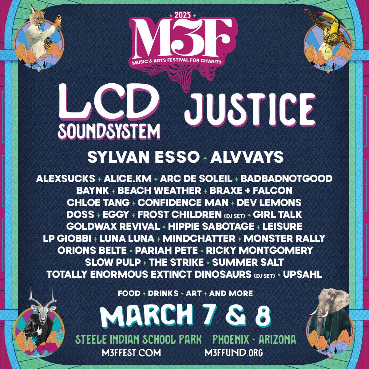 M3F Fest (@m3ffest) on Twitter photo If you haven't heard... #M3F2025 is happening on March 7 & 8 at Steele Indian School Park 🤘🏽⚡
Check out the FULL lineup including <a href="/lcdsoundsystem/">lcdsoundsystem</a> with <a href="/alvvaysband/">Alvvays</a> plus <a href="/badbadnotgood/">badbadnotgood</a> @hippiesabotage @lpgiobbi and many more...
Lock in your tickets at m3ffest.com 🎟️ If you haven't heard... #M3F2025 is happening on March 7 & 8 at Steele Indian School Park 🤘🏽⚡
Check out the FULL lineup including <a href="/lcdsoundsystem/">lcdsoundsystem</a> with <a href="/alvvaysband/">Alvvays</a> plus <a href="/badbadnotgood/">badbadnotgood</a> @hippiesabotage @lpgiobbi and many more...
Lock in your tickets at m3ffest.com 🎟️