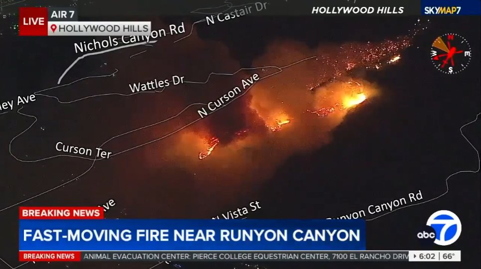 HOLLYWOOD FIRE: Flames are moving down the hill toward Hollywood Blvd west of Runyon Canyon, moving very quickly. Watch live coverage abc7.la/4gIS55p