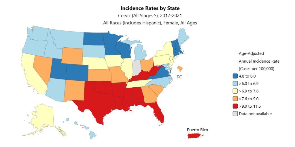 AL, AR, FL, KY, LA, MS, OK, PR, TX, and WV have the highest rates of #CervicalCancer in the US. Visit State Cancer Profiles to learn about cancer in your state: buff.ly/3og1QOD #GynCSM