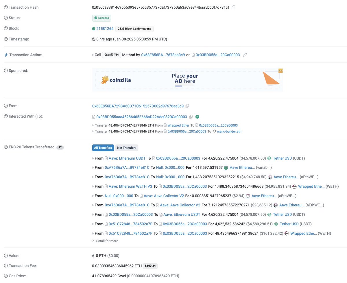 #PeckShieldAlert An address (0xa76b...e81c) was liquidated for 1.49K $WETH (worth approximately $5.22M) after $ETH dropped to $3,200.
As of Jan. 7th, the address had cumulatively supplied 573 WBTC and 1.49K $WETH, while borrowing 45.92M $USDT.
It now supplies 573 $WBTC and