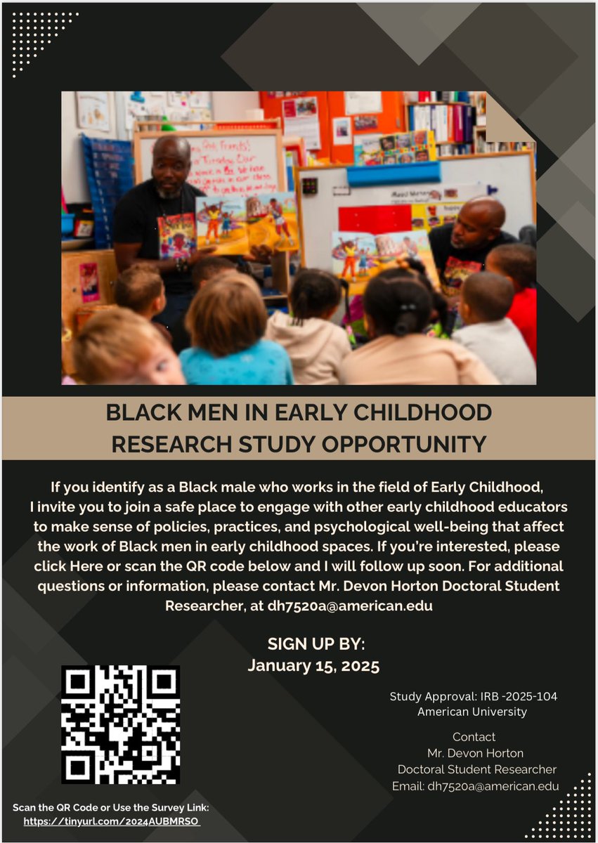 ManDownVocal973's tweet photo. @blackmalephds If you identify as a Black Male who works in the field of Early Childhood, please consider signing up for this study! It’s time for our voices to be heard &amp; change the narrative!  Click the link or scan the QR Code
#earlychildhood #blackmen

https://t.co/jT82SY4Hdy https://t.co/6miLCHUkxh