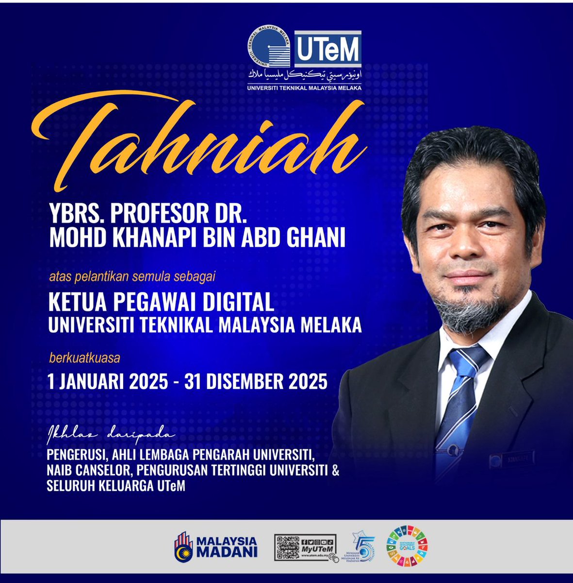 cdo_utem's tweet photo. Mesyuarat Lembaga Pengarah Universiti Bil.10/2024 bertarikh 20 Disember 2024 bersetuju untuk melantik semula YBhg. Profesor Dr. Mohd Khanapi bin Abd Ghani sebagai Ketua Pegawai Digital UTeM bagi tempoh satu (1) tahun berkuat kuasa 1 Januari 2025 sehingga 31 Disember 2025.Tahniah! https://t.co/zGQgnujbBn