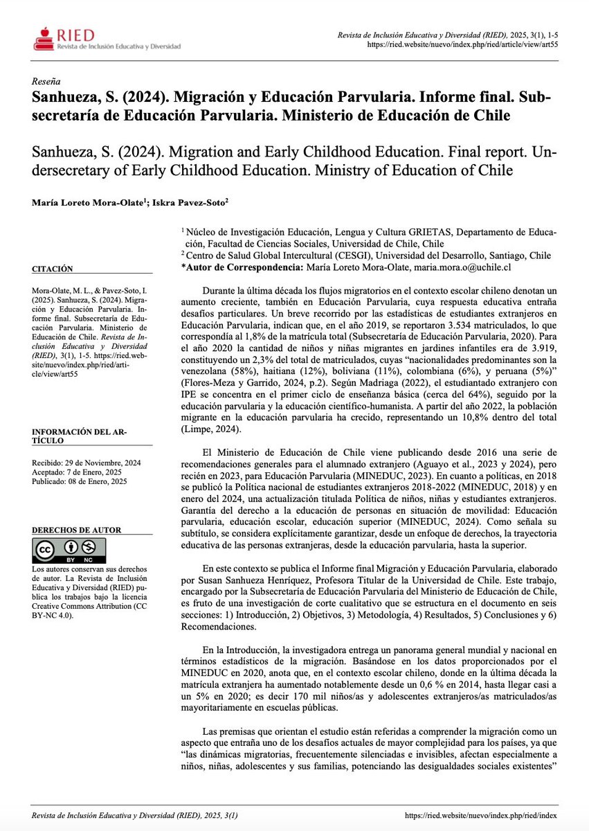 Mora-Olate, M. L., &amp; Pavez-Soto, I.(2025). Sanhueza, S. (2024). Migración y Educación Parvularia. Informe final. Subsecretaría de Educación Parvularia. Ministerio de Educación de Chile. Revista de Inclusión Educativa y Diversidad (RIED), 3(1), 1-5. doi.org/10.5281/zenodo…