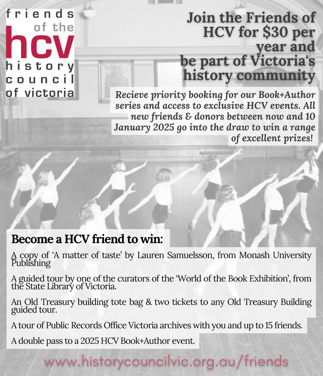 History Council of Victoria (@history_vic) on Twitter photo We are extending our 2024/25 donation drive by one week! Sign up to be a friend or make a donation to win a range of incredible prizes from <a href="/PRO_Vic/">PRO Victoria</a>, <a href="/OldTreasuryMelb/">Old Treasury Building</a>, <a href="/Library_Vic/">State Library Vic</a> & <a href="/MonashPub/">Monash University Publishing</a>!
➡️Sign up here: historycouncilvic.org.au/support We are extending our 2024/25 donation drive by one week! Sign up to be a friend or make a donation to win a range of incredible prizes from <a href="/PRO_Vic/">PRO Victoria</a>, <a href="/OldTreasuryMelb/">Old Treasury Building</a>, <a href="/Library_Vic/">State Library Vic</a> & <a href="/MonashPub/">Monash University Publishing</a>!
➡️Sign up here: historycouncilvic.org.au/support