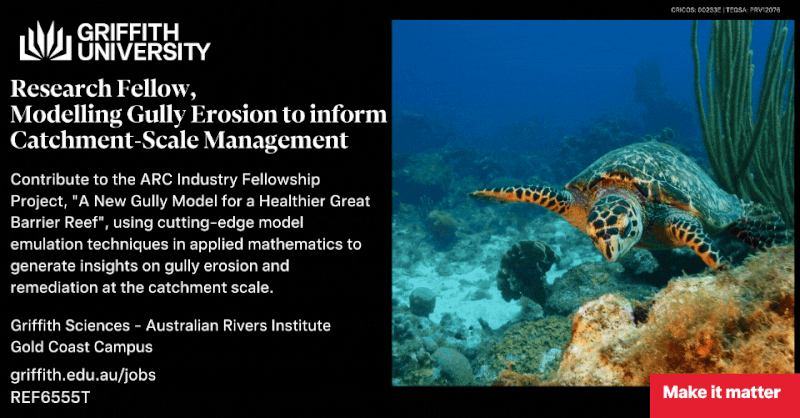 Melanie Roberts (@melanieemmajade) on Twitter photo Skilled in Machine Learning/AI? Want to help the #GreatBarrierReef? Want a 3 year #PostDoc?
Join me <a href="/GriffithARI/">Australian Rivers Institute</a> and <a href="/Griffith_SciEnv/">Griffith Science & Environment</a> using model emulation for gully erosion.
See👇 for details and to apply jobs.smartrecruiters.com/GriffithUniver…
#postdocjobs #maths #erosion #environment Skilled in Machine Learning/AI? Want to help the #GreatBarrierReef? Want a 3 year #PostDoc?
Join me <a href="/GriffithARI/">Australian Rivers Institute</a> and <a href="/Griffith_SciEnv/">Griffith Science & Environment</a> using model emulation for gully erosion.
See👇 for details and to apply jobs.smartrecruiters.com/GriffithUniver…
#postdocjobs #maths #erosion #environment