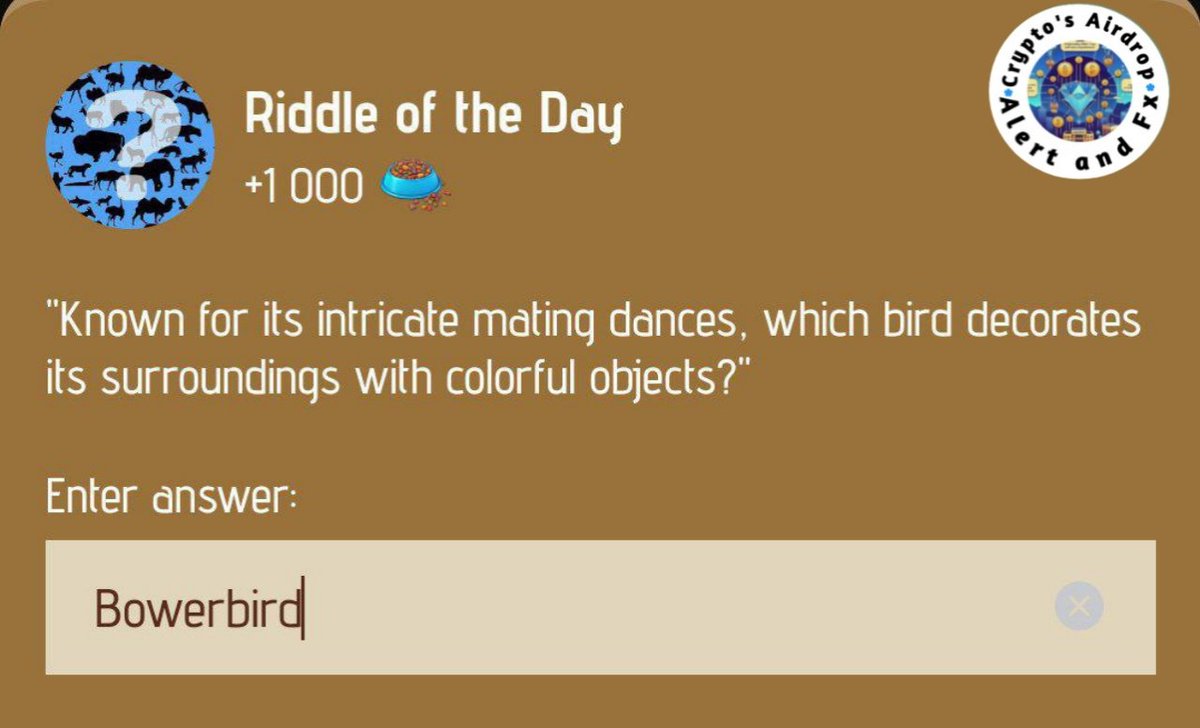 Asifrox407's tweet image. 🌟🐾 Zoo Riddle of the Day! 🐾🌟

Answer: Bowerbird 

📋 Tap to copy instantly and share the fun!

🚀 Join the excitement today!

#zoo #zoomcodes #zooreddleoftheday