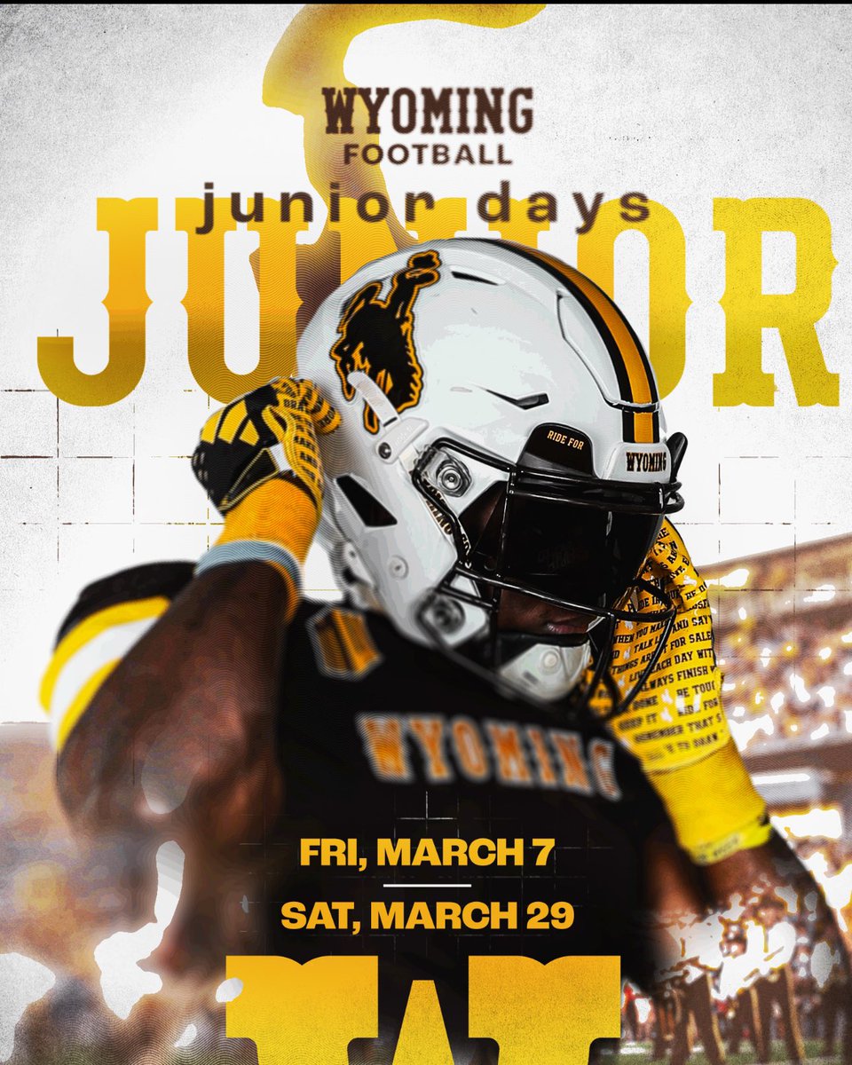 Appreciate the invite from <a href="/CoachBHen/">Brian Hendricks</a> to visit <a href="/wyo_football/">Wyoming Cowboy Football</a> for Junior Days in March. Can’t wait to get to Laramie and see the campus!

<a href="/PuebloSouthFB/">Pueblo South Football</a> <a href="/CoachRGoddard/">Ryan Goddard</a> <a href="/JacksonWD923/">JD</a> <a href="/J_Lacy05/">Jarrod Lacy</a> <a href="/tpannunzio/">Tad🅿️ole</a> <a href="/RUTHProCo/">RUTH</a> <a href="/WyoFBRecruiting/">Wyoming Football Recruiting</a> <a href="/CoachMikeGrant/">Mike Grant</a> <a href="/JaySawvel/">Jay Sawvel</a>
