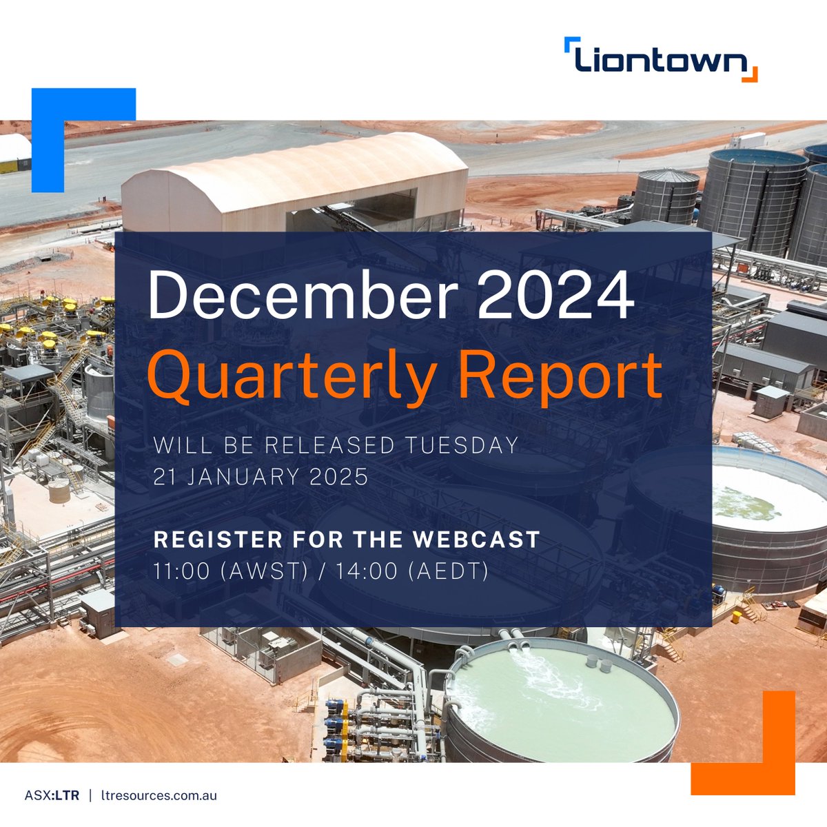 We will release the $LTR December Quarterly Activities Report on Tuesday 21 January 2025. An investor webcast will be held at 11:00 (AWST) / 14:00 (AEDT) on Tuesday 21 January 2025. Register here:  meetings.lumiconnect.com/300-342-380-971

#ASX #Lithium