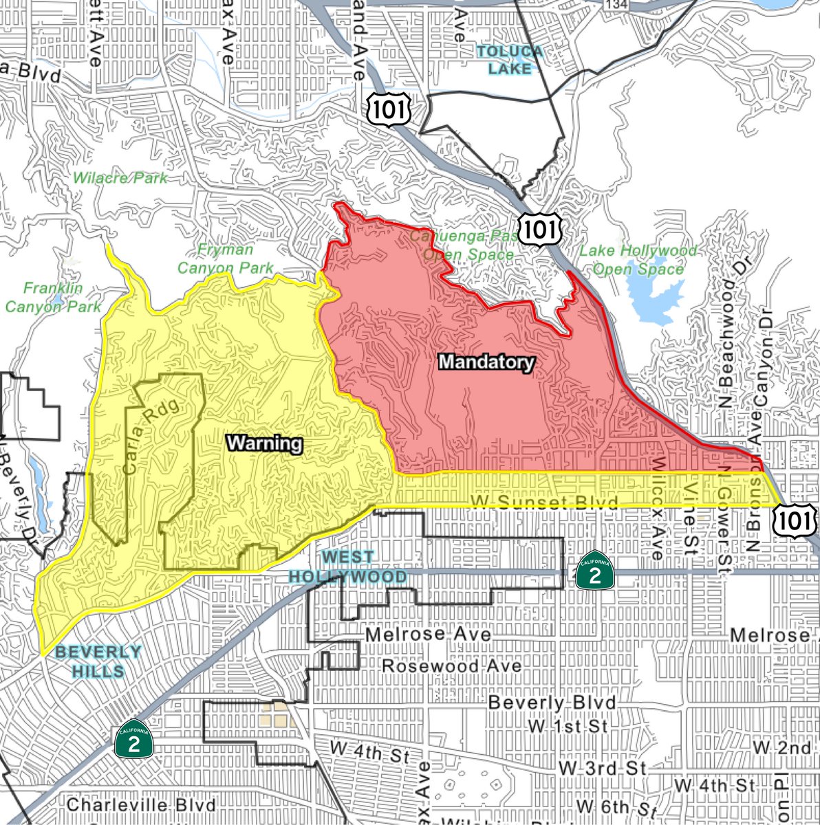 A Mandatory Evacuation Order is now in place for residents between Runyon Canyon and Wattles Park.

The boundaries are:

📍Laurel Canyon Blvd (on the west) to📍Mulholland Dr (on the north) to 
📍101 Freeway (on the east) down to 
📍Hollywood Blvd (on the south)

If you are near