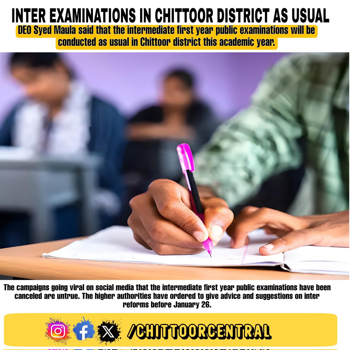 Chittoorcentral's tweet image. చిత్తూరు జిల్లాలో యథాతథంగా ఇంటర్ పరీక్షలు

చిత్తూరు జిల్లాలో ఈ విద్యాసంవత్సరంలో ఇంటర్మీడియట్ ప్రథమ సంవత్సరం పబ్లిక్ పరీక్షలను యథాతథంగా నిర్వహిస్తామని డీవీఈఓ సయ్యద్ మౌలా తెలిపారు. 

#apintermediate  #interexams #chittoorcentral #chittoor