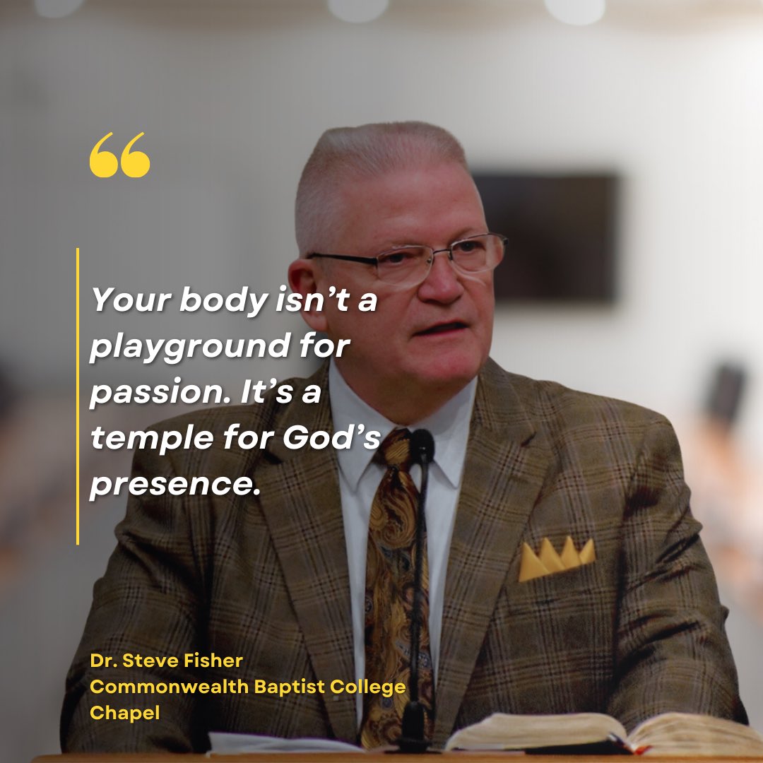 <a href="/DrSteveFisher/">Steve Fisher</a> preached from I Thessalonians 4 in the first chapel service of the spring semester. God calls us to live in purity, not flirt with it. Set boundaries, control your desires, and flee from temptation—your testimony is worth protecting.

#CBCplace2be
#Spring2025