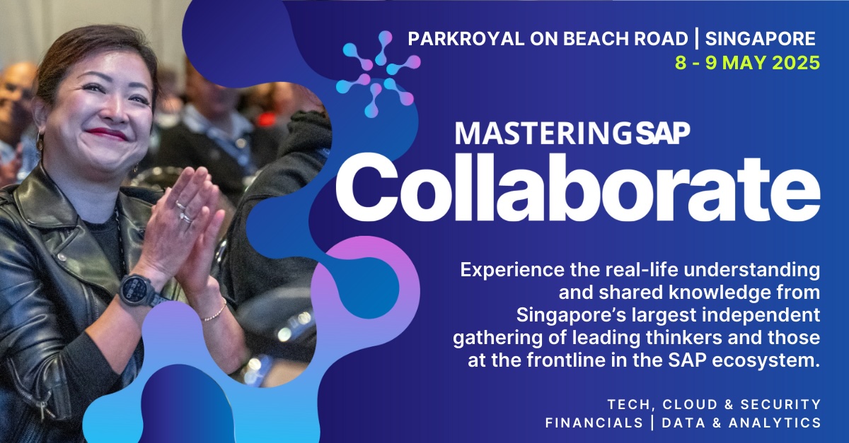 AugustineLen's tweet image. 🚀 Be part of the inaugural MASTERINGSAP Collaborate in Singapore! 🌏

📅 8-9 May 2025 | PARKROYAL Beach Road
🎟 Super Early Bird: SG$888 (save SG$1,112) till 24 Jan 2025!
✨ Includes 12-month membership content &amp;amp; more!
🔗 Register: bit.ly/4j74OQY

#MasteringSAP #SAP