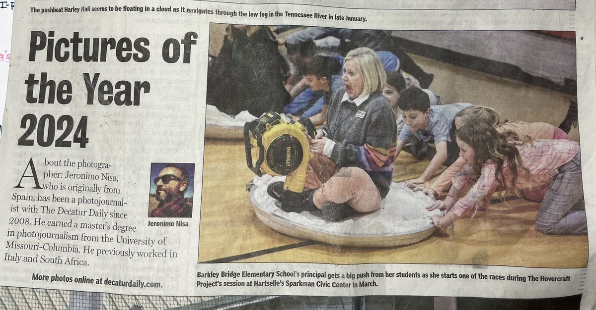 How fun!!! Our very own Principal, Mrs. Laura Lamb, was included in the Decatur Daily Pictures of the Year! She was participating with students building and testing their Hovercraft Projects!
