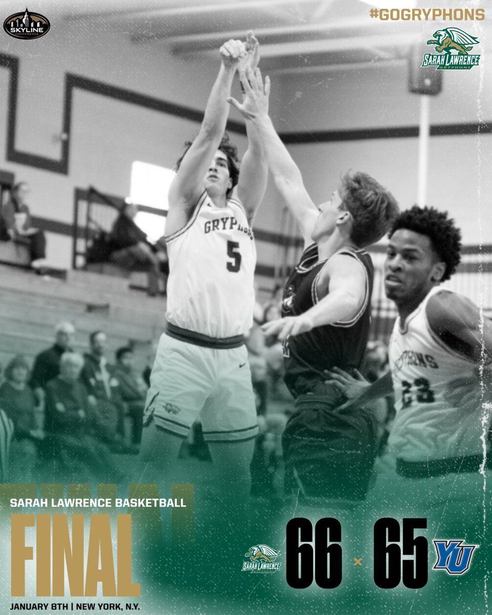 Sarah Lawrence College Athletics (@slcgryphons) on Twitter photo EAMON KELLY.
The junior hits from almost midcourt as time expires to give <a href="/SLCGryphonsMBB/">Sarah Lawrence College Men's Basketball</a> a 66-65 win over Yeshiva.
๐ Kelly - 13 PTS & 7 REB
๐ Kim - 18 PTS on 3-5 3PT
๐ Burman - 14 PTS & 8 REB
Next: 12PM Saturday, January 11th vs UMSV
#StrengthAndIntelligence
#GoGryphons EAMON KELLY.
The junior hits from almost midcourt as time expires to give <a href="/SLCGryphonsMBB/">Sarah Lawrence College Men's Basketball</a> a 66-65 win over Yeshiva.
๐ Kelly - 13 PTS & 7 REB
๐ Kim - 18 PTS on 3-5 3PT
๐ Burman - 14 PTS & 8 REB
Next: 12PM Saturday, January 11th vs UMSV
#StrengthAndIntelligence
#GoGryphons