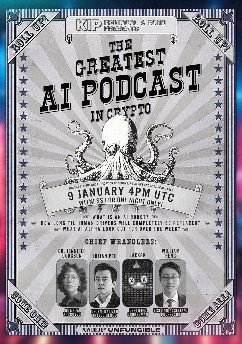 KIP Protocol (@kipprotocol) on Twitter photo The Greatest AI Podcast in Crypto is back with Episode 6📺
Mark your calendar: 9th January, 4pm UTC 🗓, for a livestream with:
<a href="/HumanLevelJen/">HumanLevelJen: KIP 奶</a>
<a href="/julian_kip/">Julian @ 𝗞𝗜𝗣 ㊋⫸</a>
<a href="/JackGK_BTC/">JackGK</a>
William Peng, PhD
💡What is an AI robot?
💡How long till human drivers completely be replaced?
💡AI alpha to The Greatest AI Podcast in Crypto is back with Episode 6📺
Mark your calendar: 9th January, 4pm UTC 🗓, for a livestream with:
<a href="/HumanLevelJen/">HumanLevelJen: KIP 奶</a>
<a href="/julian_kip/">Julian @ 𝗞𝗜𝗣 ㊋⫸</a>
<a href="/JackGK_BTC/">JackGK</a>
William Peng, PhD
💡What is an AI robot?
💡How long till human drivers completely be replaced?
💡AI alpha to