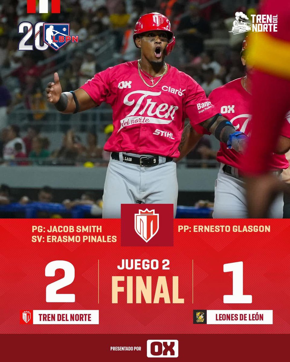 🚂🇦🇹 VICTORIA ROJIBLANCA 🚂🇦🇹

Con una gran faena de Smith, hit remolcador de dos de Serrano y un gran cierre de Pinales conquistamos nuestra segunda victoria de la final #VamosTren 🚂🇦🇹
