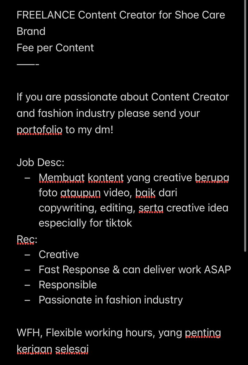 icalmarical1's tweet photo. urgently looking for freelance Content Creator untuk kebutuhan socmed specially tiktok. penting punya portfolio &amp; cocok sama kriteria di bawah. yang tertarik boleh lgsg dm aku yaaa! #zonauang #zonajajan #Loker #wfh #hiring #infofreelance #freelance https://t.co/peG1fAdVfk