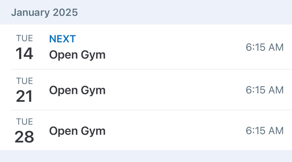 Open gym schedule for the month of January: