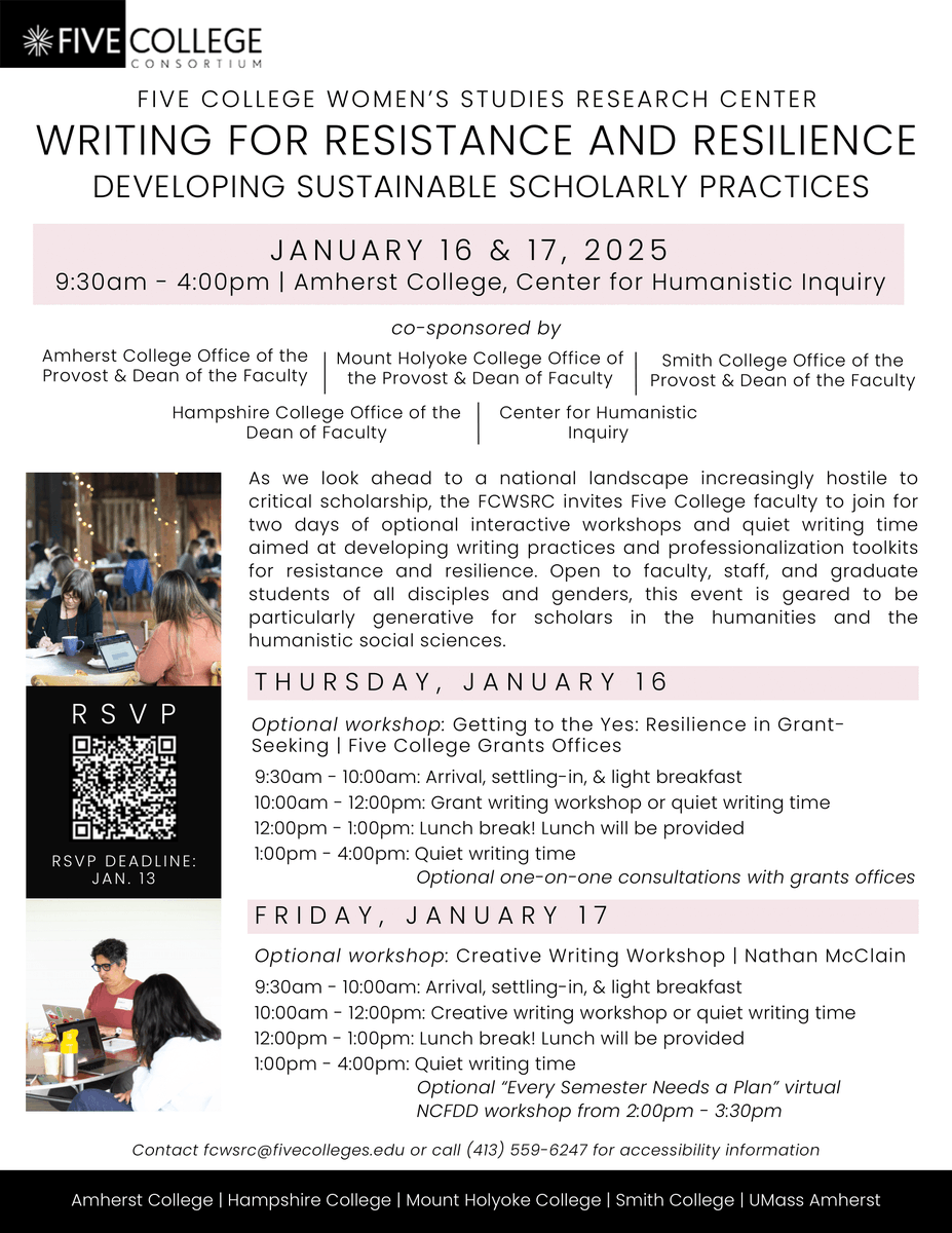 ✍️ Calling all writers—kick off the new year with the Five College Women's Studies Research Center's writing workshops!
When: 01.16 &amp; 01.17, 9:30am-4:00pm 
Where: Amherst College, Center for Humanistic Inquiry
📝 RSVP by January 13 using the QR code in the image—see you there!