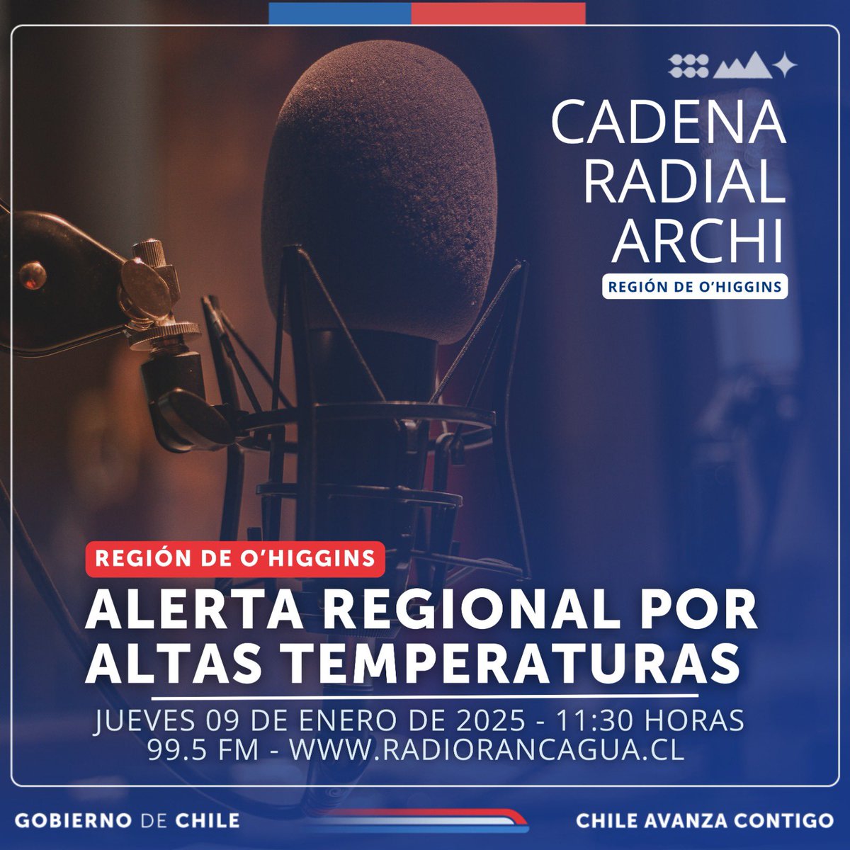 🔴 Urgente: Alerta por Altas Temperaturas en O’Higgins. 

Este jueves 9 de enero a las 11:30 h, en Radio Rancagua (99.5 FM), autoridades entregarán medidas clave para enfrentar el riesgo de incendios en nuestra región. ¡No te lo pierdas!

📡 Escúchanos en: radiorancagua.cl
