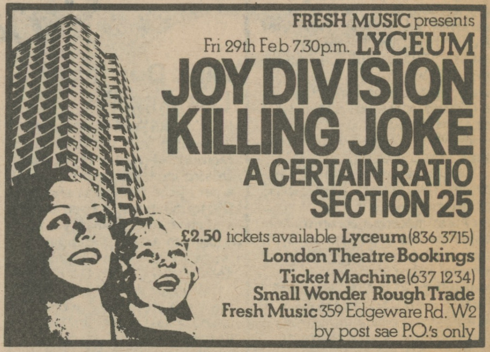 BrainfeedArchiv's tweet photo. Joy Division, Killing Joke, A Certain Ratio, Section 25 live show advertisement - ‘Sounds’, February 23, 1980 @joydivision @Killingjokeband @acrmcr @section25 #joydivision #killingjoke #acertainratio #section25 #postpunk #newwave #factoryrecords https://t.co/naOkmIUJ1P