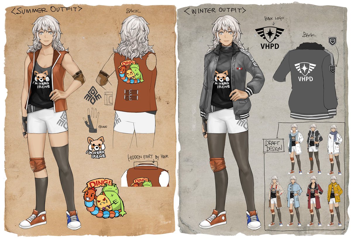 Aurora’s outfit in Banished Children:

In the remote Kalter Mountains, Aurora cherishes secondhand clothes Gravis brought from Valhalla. Among her favorites are a "Hero Irene" fan club merch T-shirt she loves, a DINGs vest for mobility, and a cozy VHPD winter jacket.