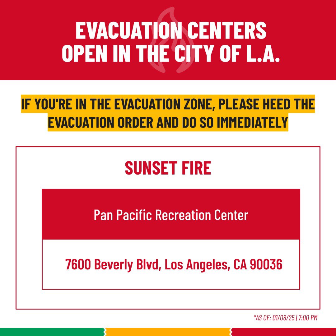 An emergency shelter is open in the city for residents evacuating from the #SunsetFire.

📍Pan Pacific Recreational Center: 7600 Beverly Blvd, Los Angeles, CA 90036.

If you're in the evacuation zone, please heed the evacuation order immediately.