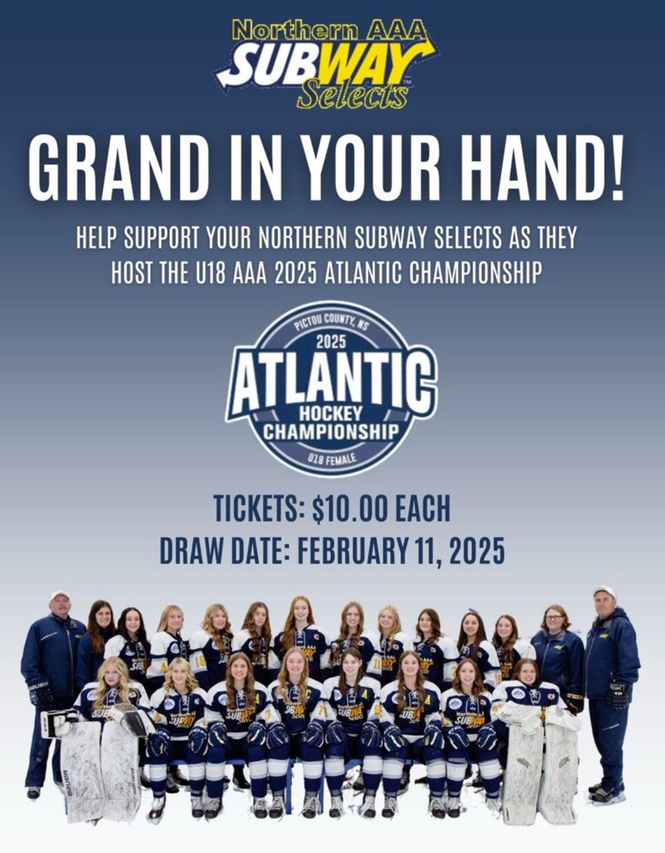 💰Grand in Your Hand💰

The Northern Subway Selects are fundraising as the host team for Atlantics in April. Please let us know if you would like a chance to win $1000. Thank you so much for your support! It is greatly appreciated!